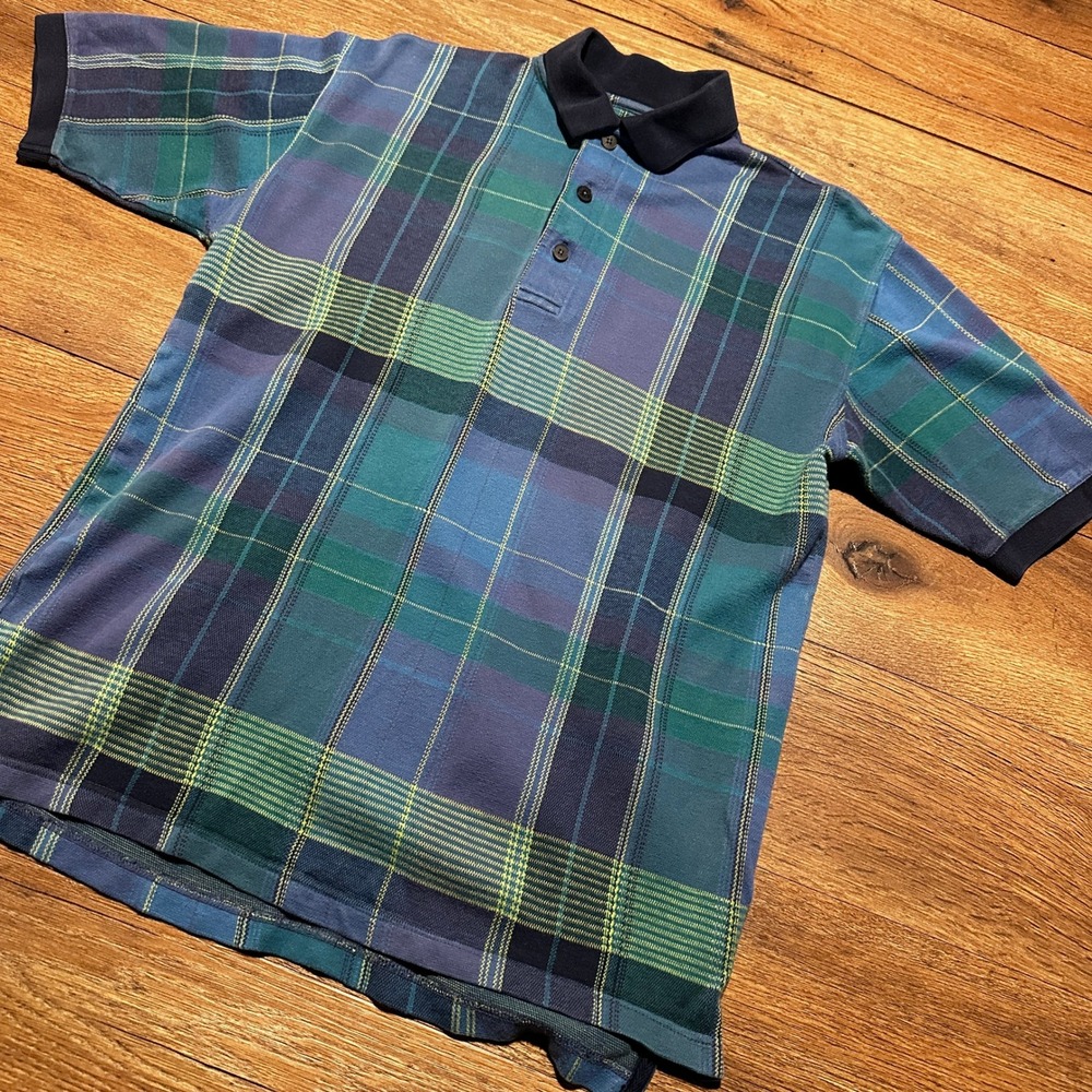 Vintage Croft & Barrow Blue Plaid Polo Shirt Mens Small